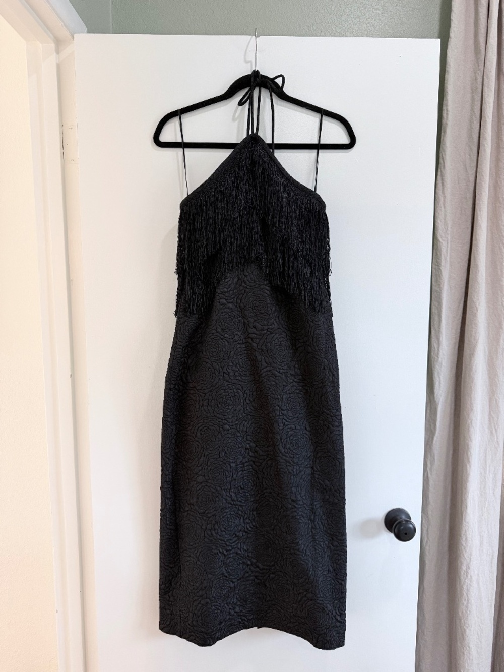 Hyacinth House Tuckernuck Black Fringe Halter Natalia Midi Dress S
